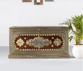 Indian Brasswork Antique Solid Wood Blanket Box Chest C11